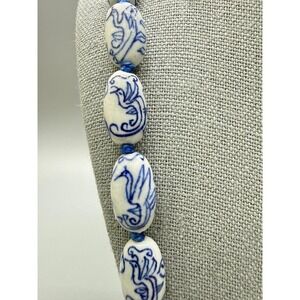 Vintage Porcelain Bead Necklace 24" Chinese Import Bird Blue White  Hand Knotted